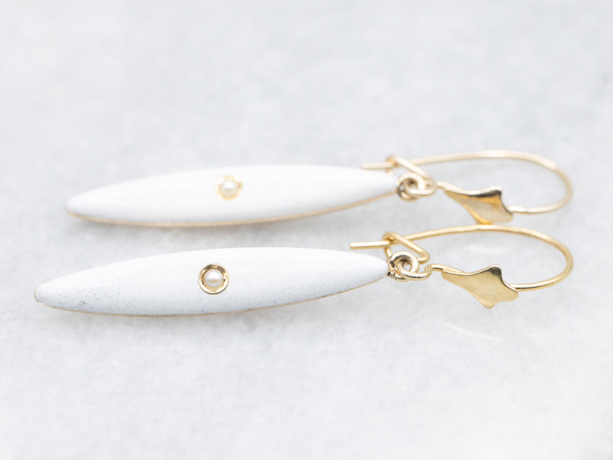 Antique White Enamel and Seed Pearl Lingerie Pin Conversion Drop Earrings