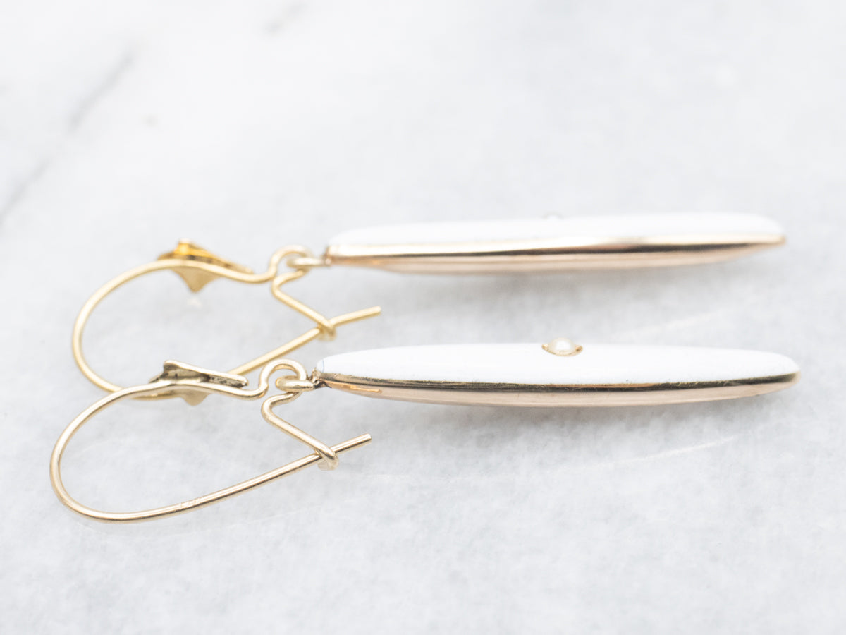 Antique White Enamel and Seed Pearl Lingerie Pin Conversion Drop Earrings