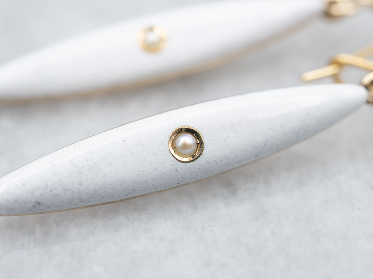 Antique White Enamel and Seed Pearl Lingerie Pin Conversion Drop Earrings