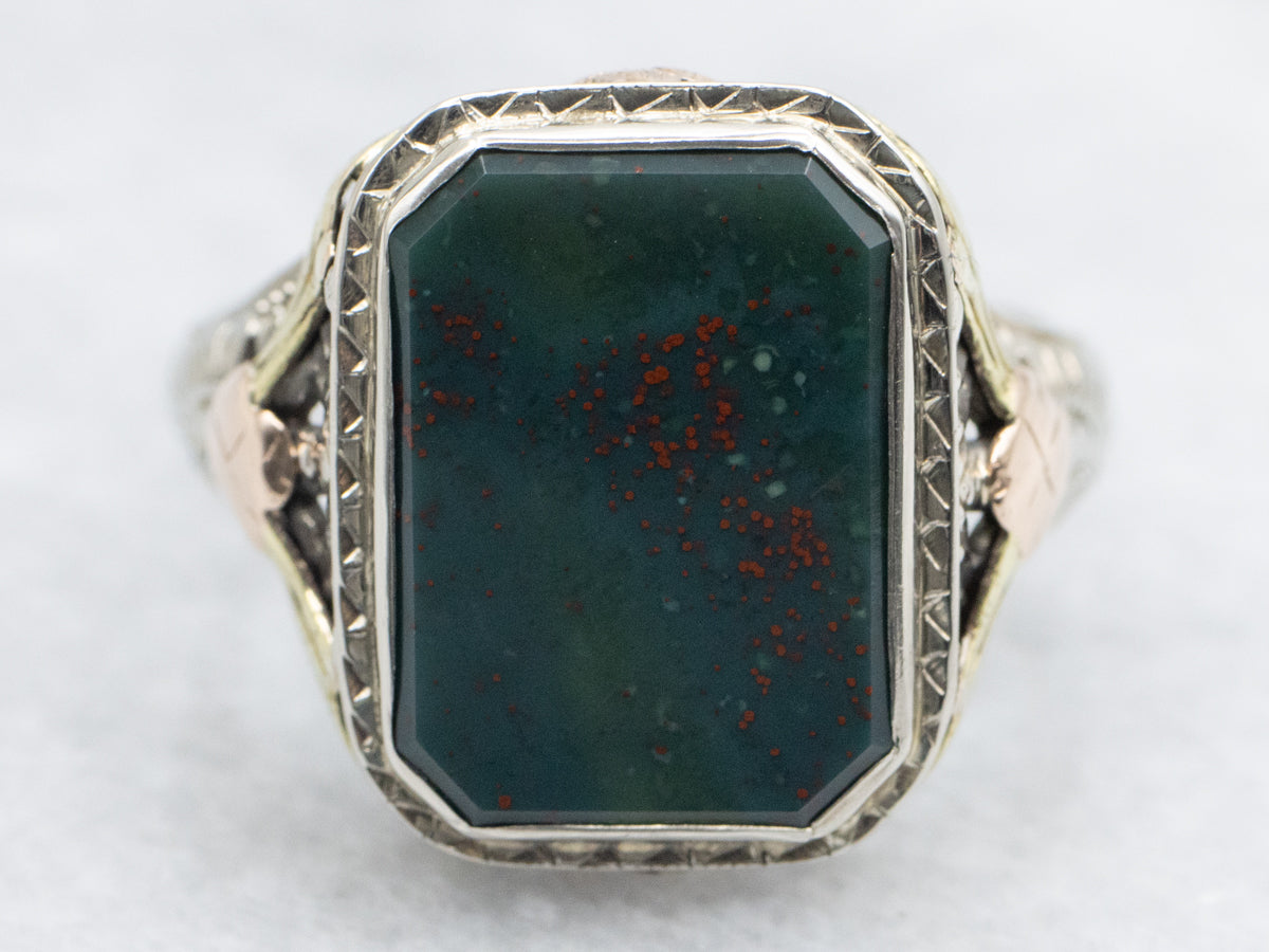 Antique Bloodstone Tri-Color Gold Filigree Ring