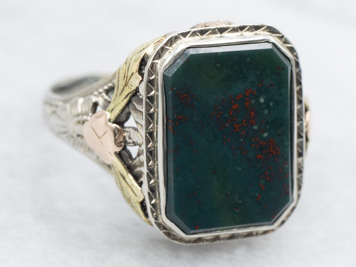 Antique Bloodstone Tri-Color Gold Filigree Ring