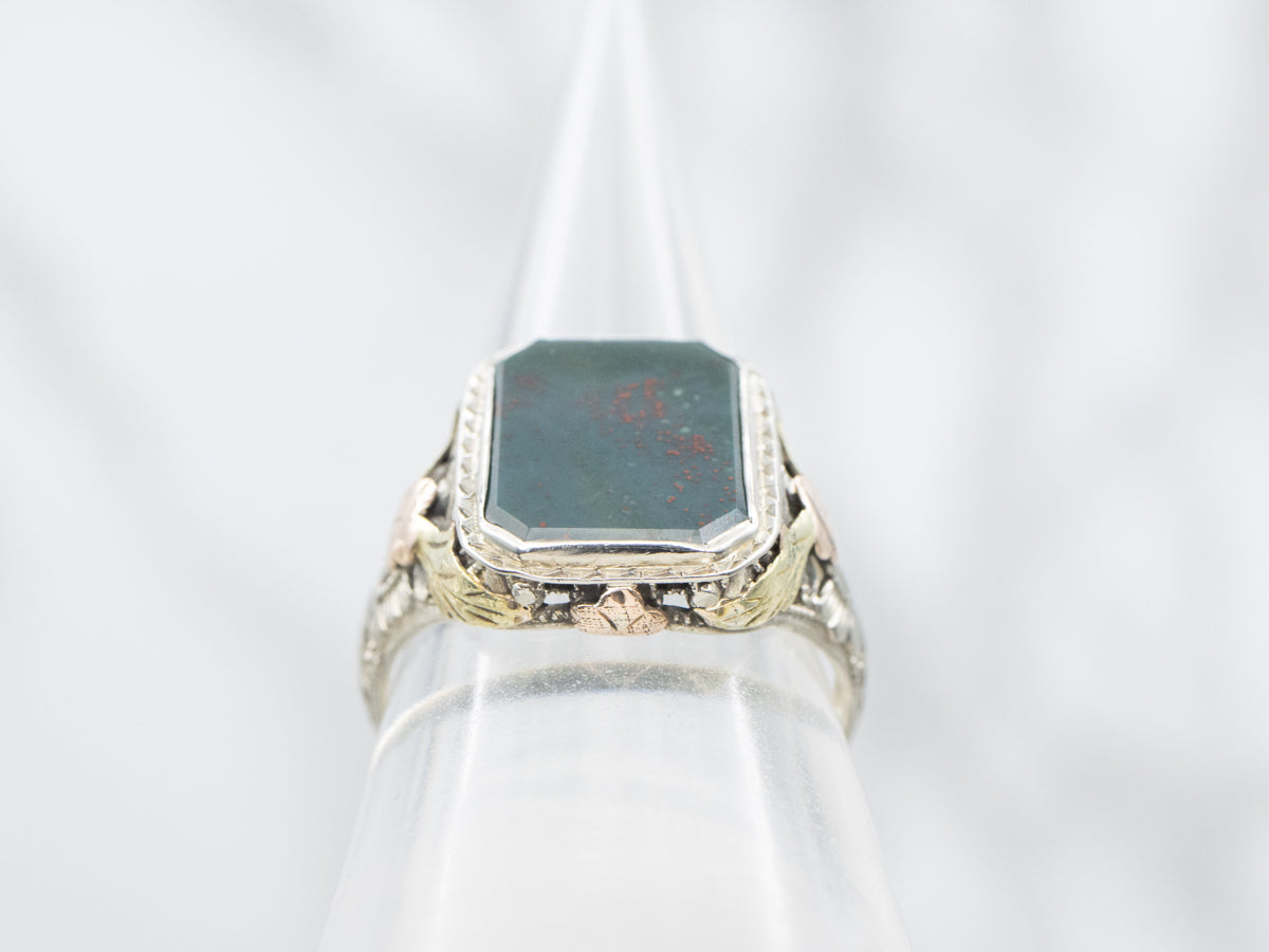 Antique Bloodstone Tri-Color Gold Filigree Ring