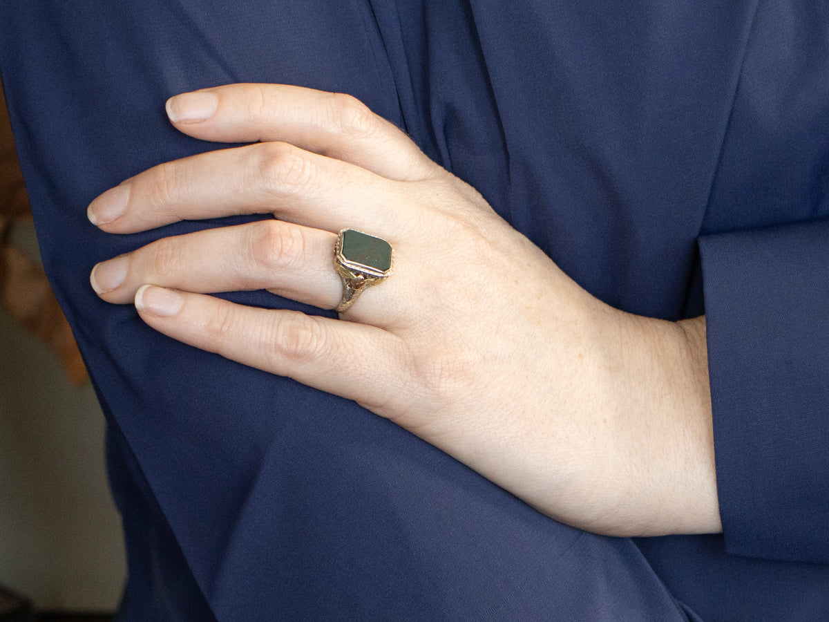 Antique Bloodstone Tri-Color Gold Filigree Ring
