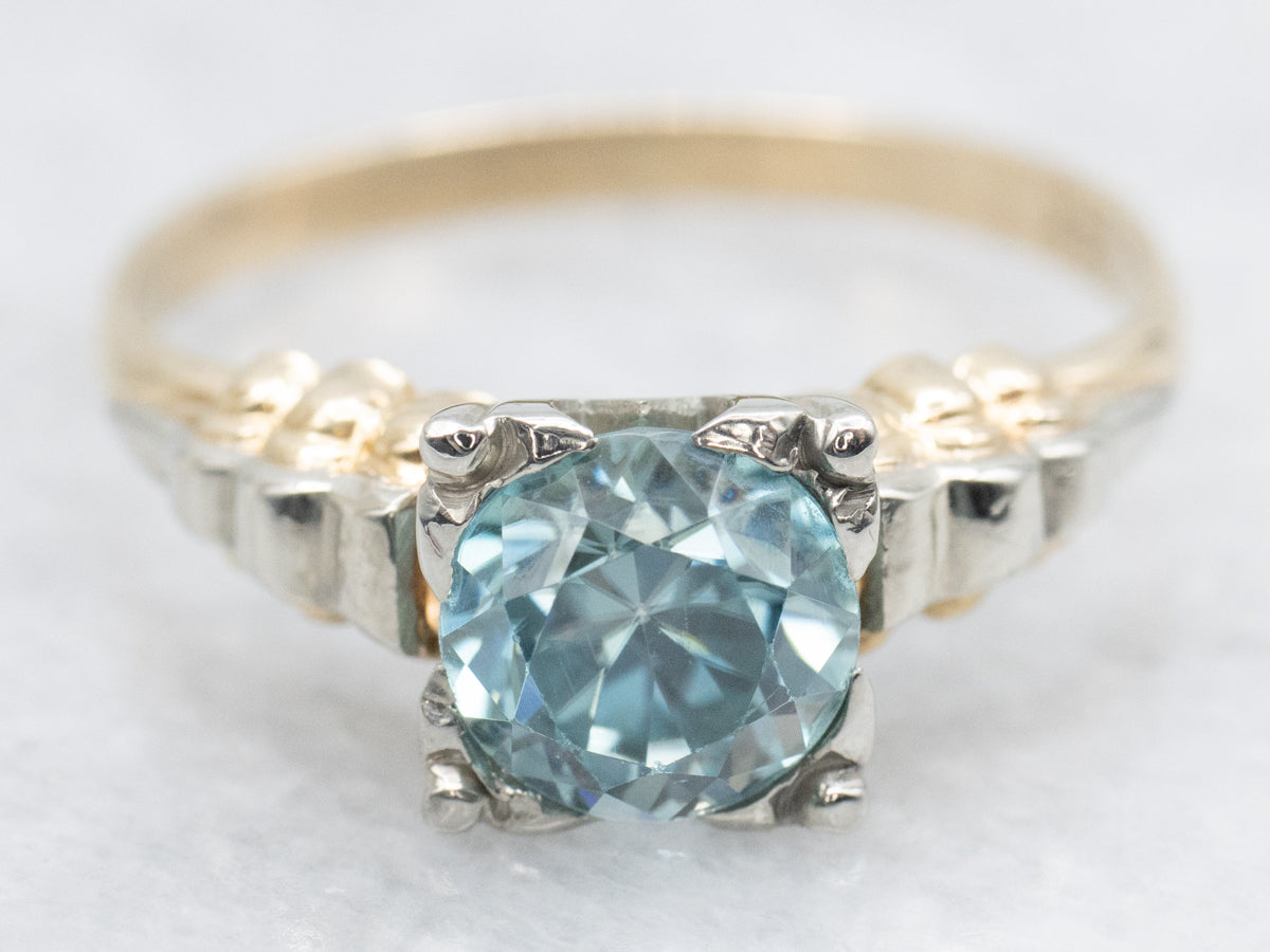 Retro Era Blue Zircon Two-Tone Gold Solitaire Ring