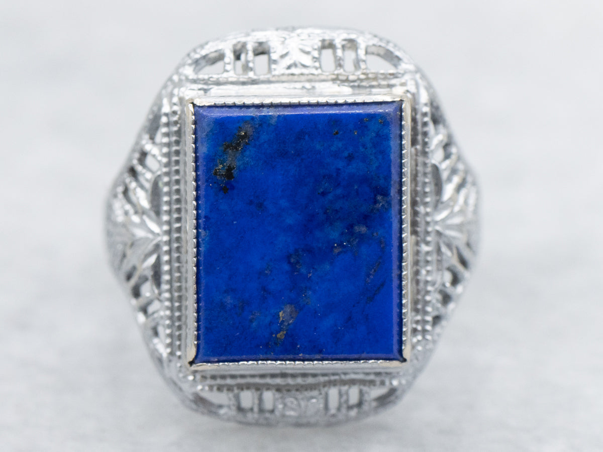 Art Deco Gold Lapis Filigree Ring