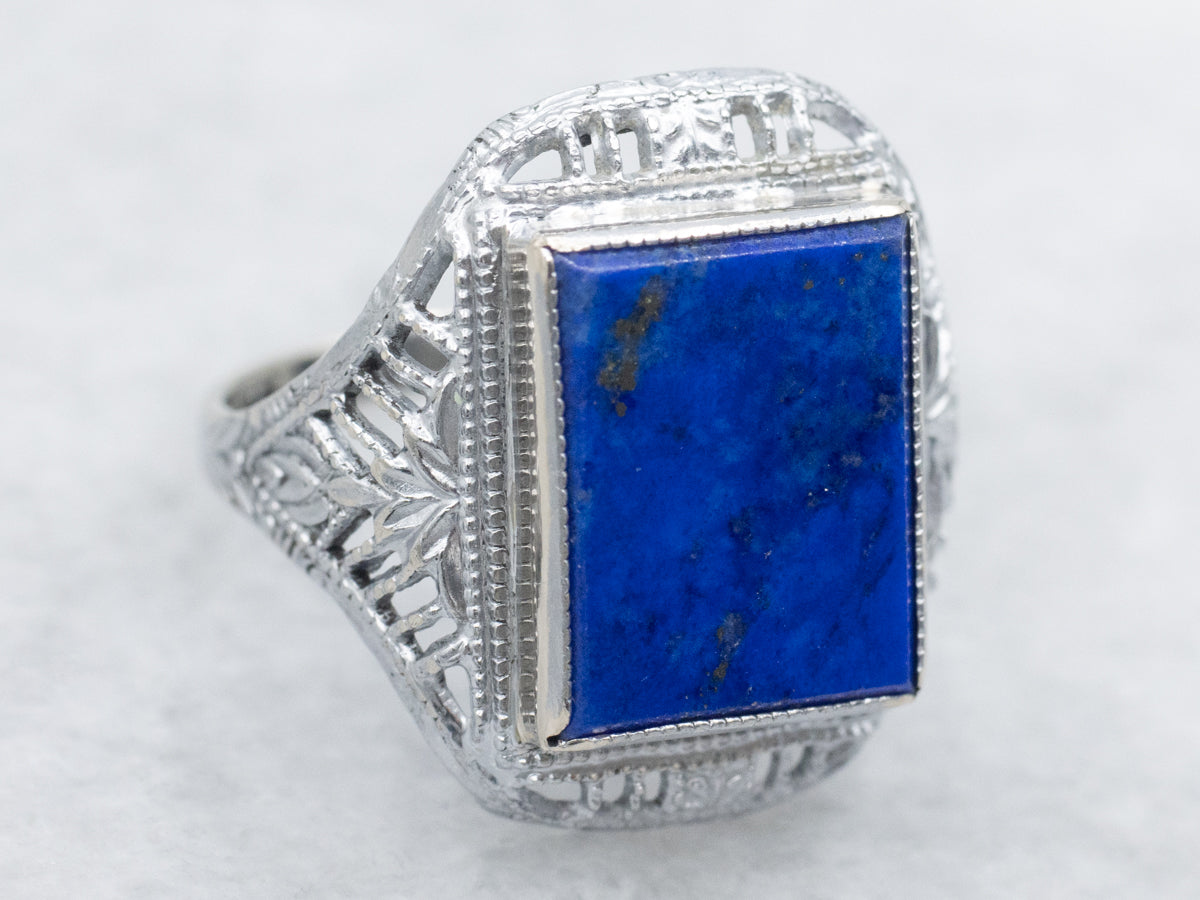 Art Deco Gold Lapis Filigree Ring