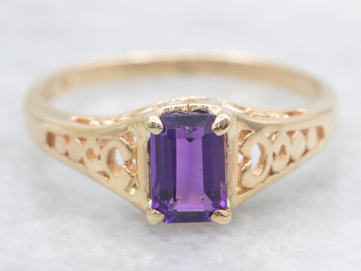 Amethyst Solitaire Ring in Polished Gold Filigree Setting