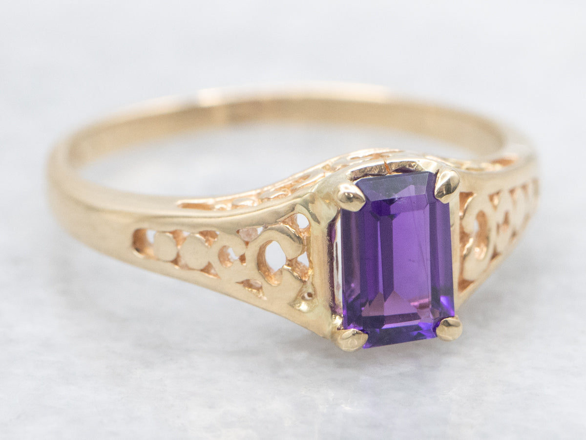 Amethyst Solitaire Ring in Polished Gold Filigree Setting