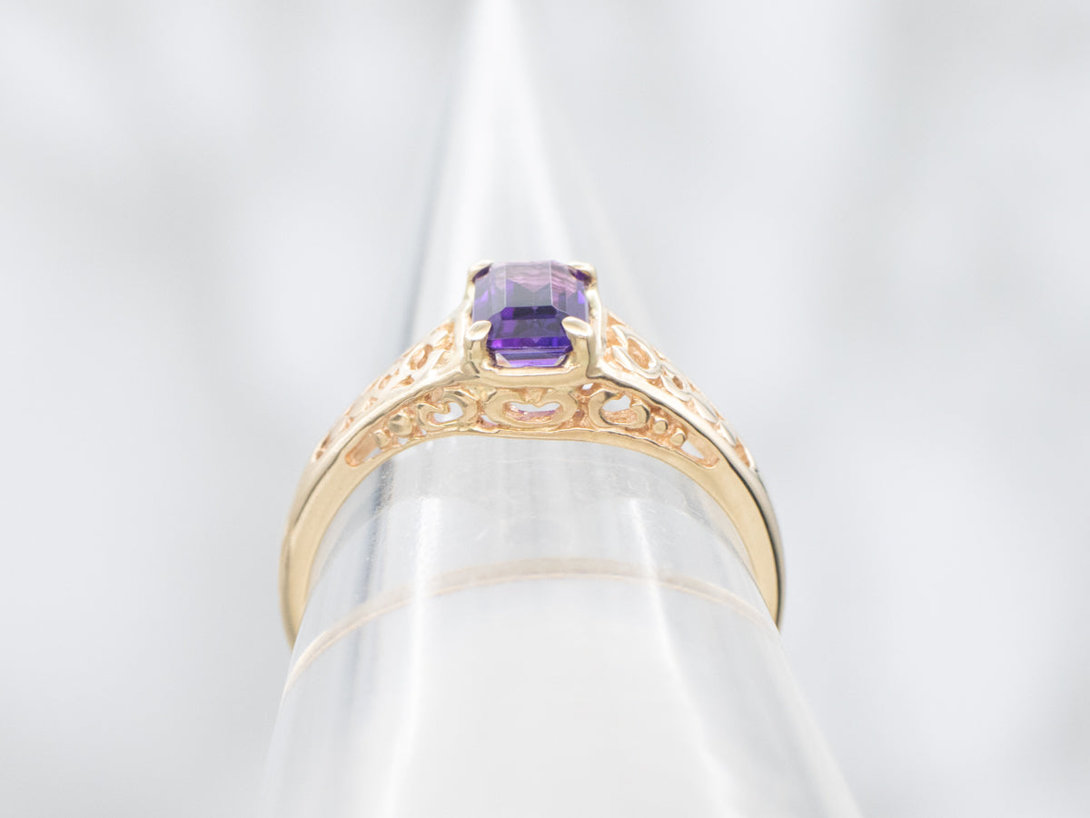 Amethyst Solitaire Ring in Polished Gold Filigree Setting