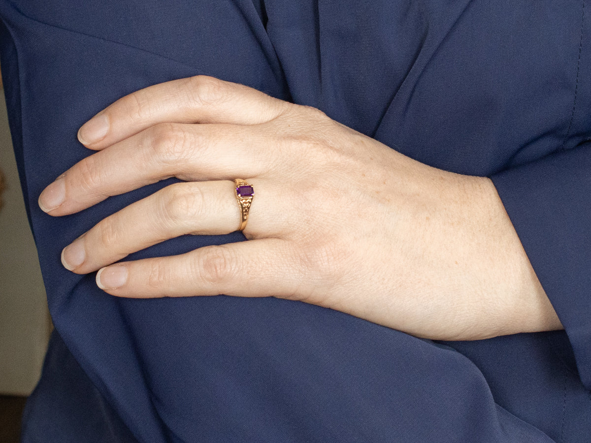 Amethyst Solitaire Ring in Polished Gold Filigree Setting