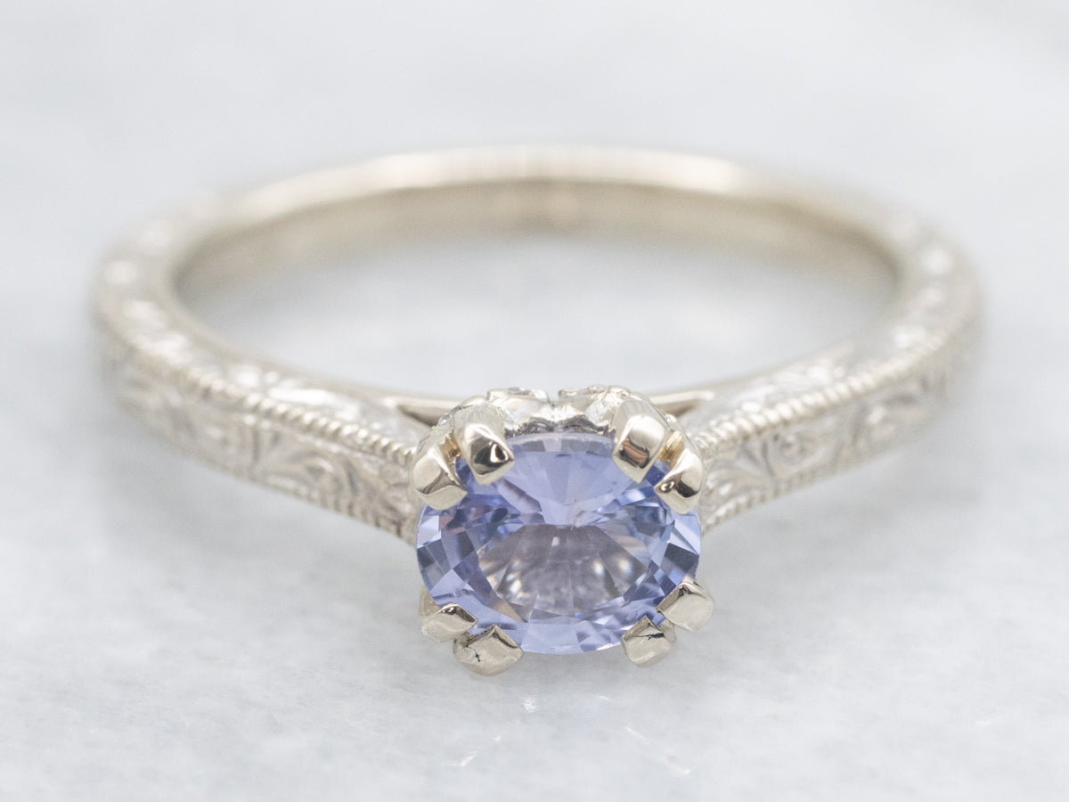 Engraved White Gold Purple Sapphire and Diamond Ring