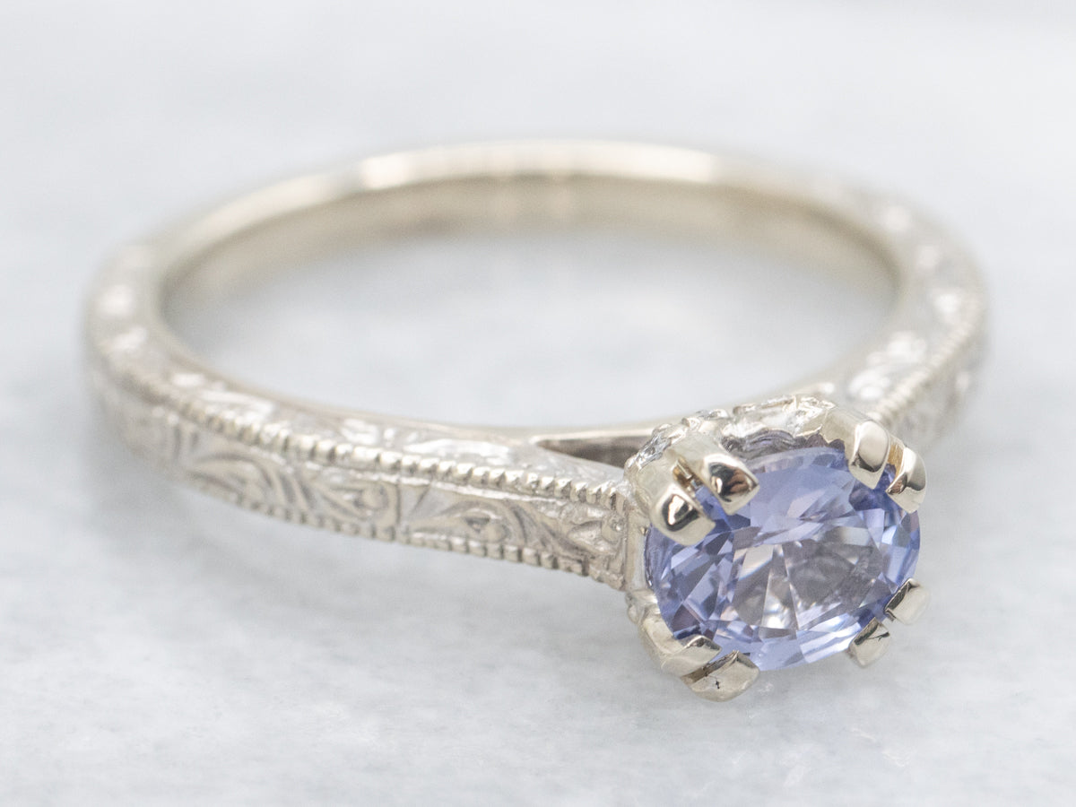 Engraved White Gold Purple Sapphire and Diamond Ring
