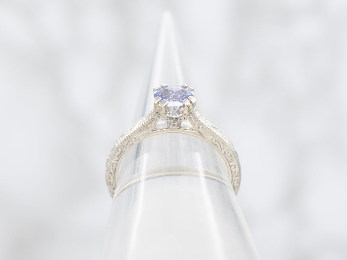 Engraved White Gold Purple Sapphire and Diamond Ring