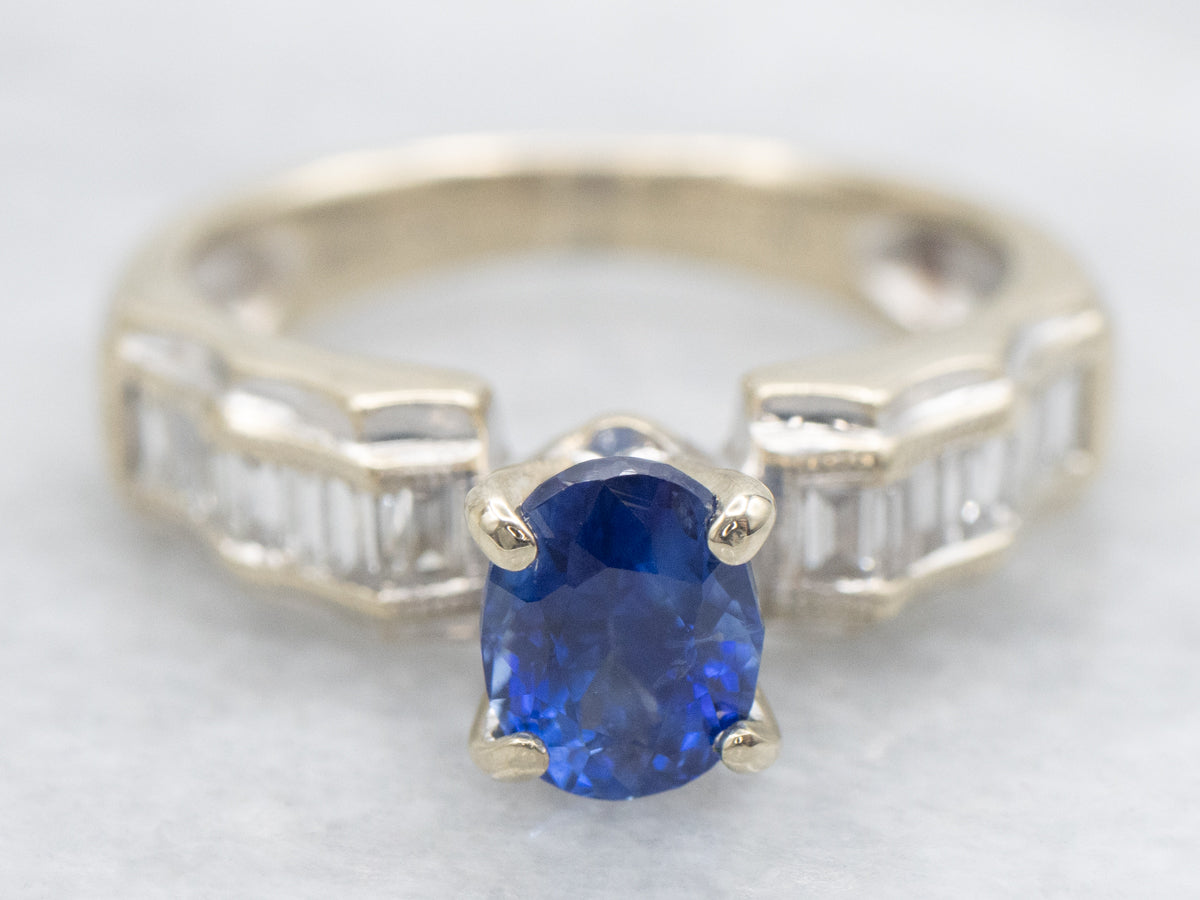 Modern White Gold Blue Sapphire and Diamond Ring