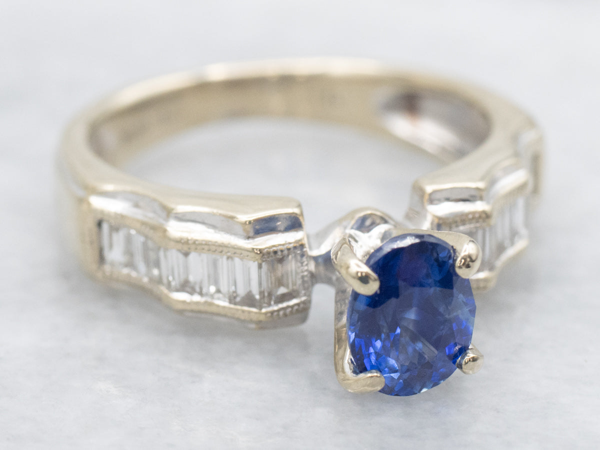 Modern White Gold Blue Sapphire and Diamond Ring