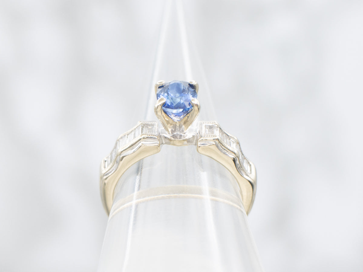 Modern White Gold Blue Sapphire and Diamond Ring