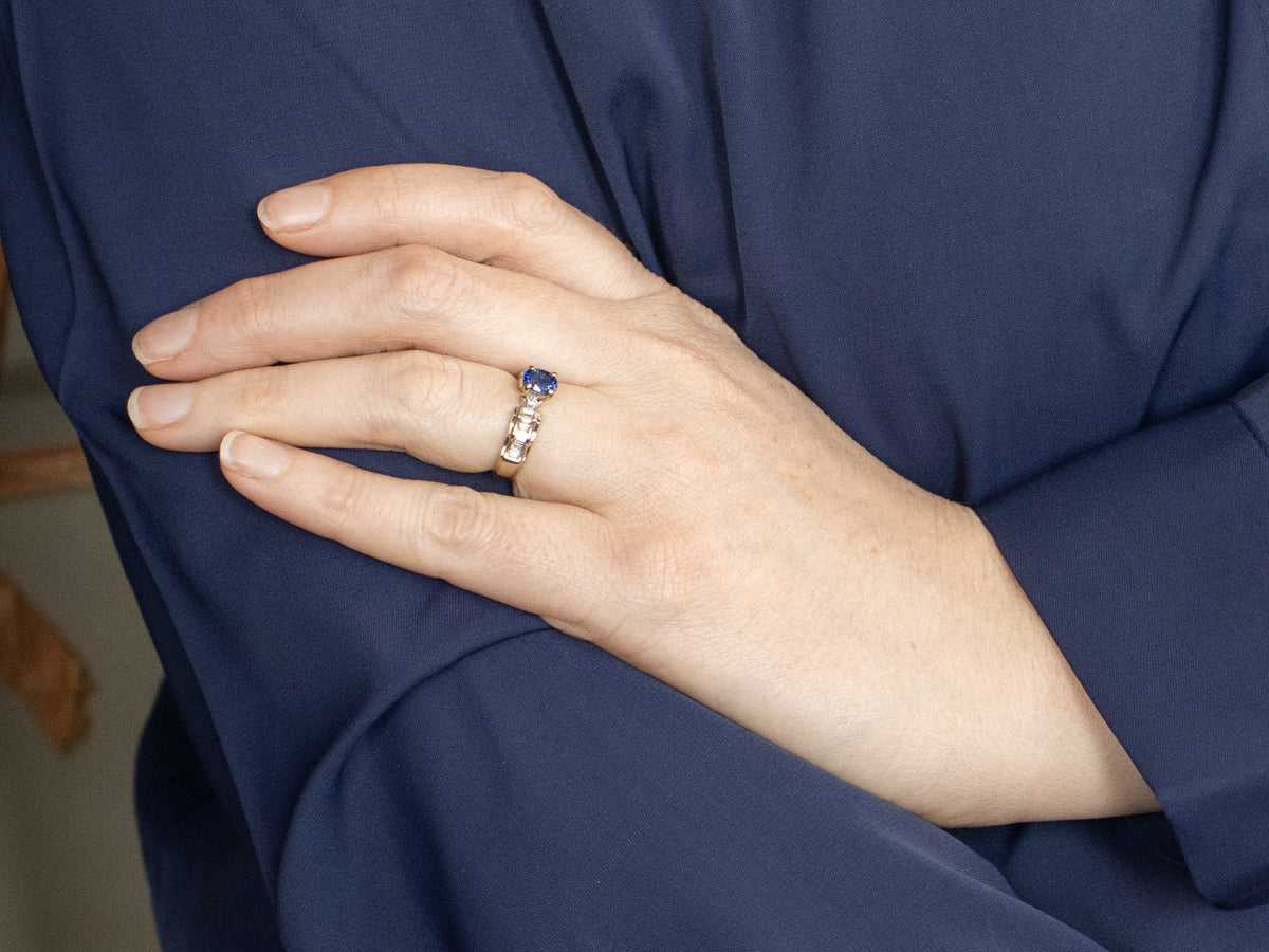 Modern White Gold Blue Sapphire and Diamond Ring