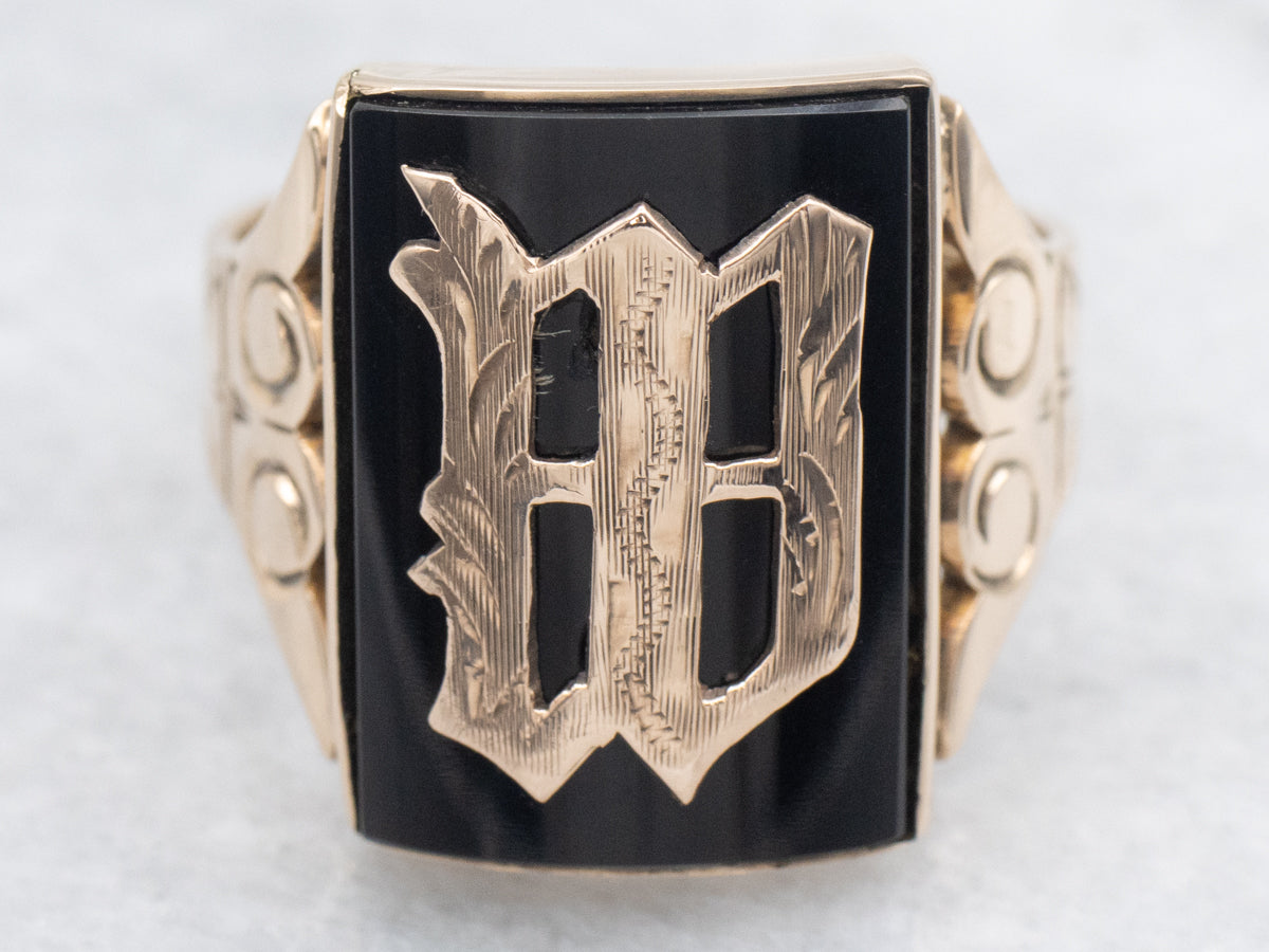 Antique Gold Onyx &quot;W&quot; Initial Signet Ring