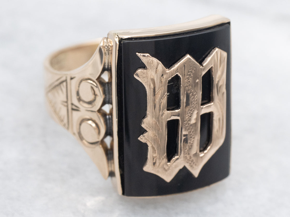 Antique Gold Onyx "W" Initial Signet Ring