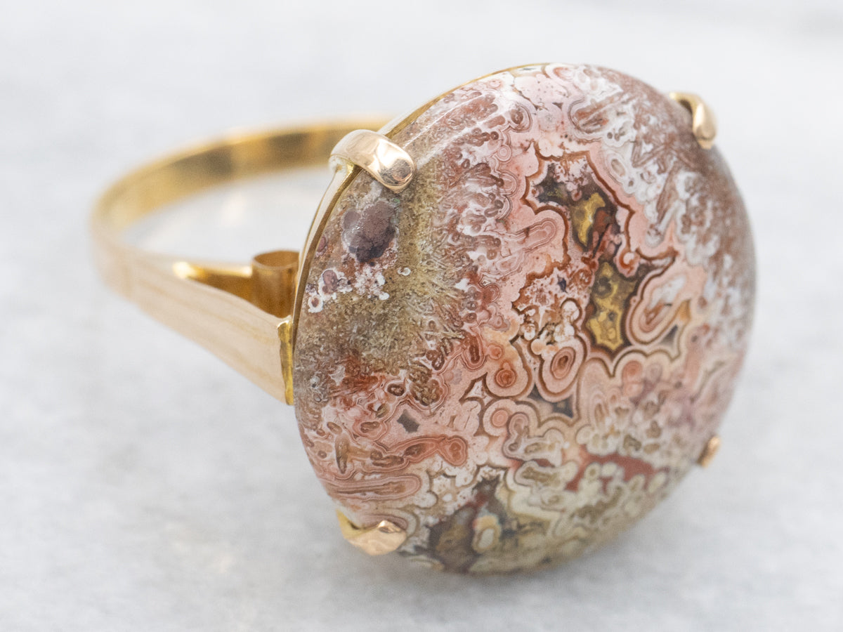 Yellow Gold Crazy Lace Agate Cocktail Ring