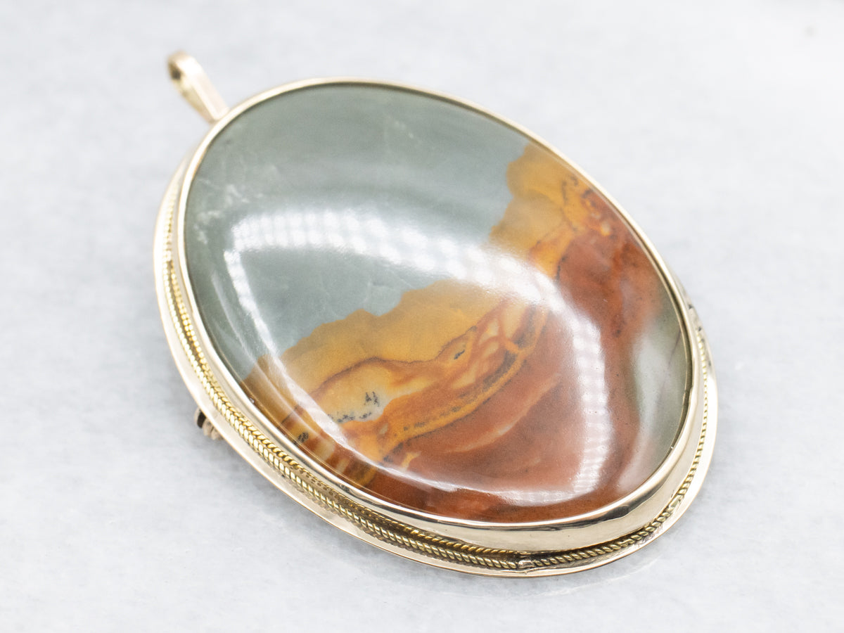 Vintage Gold Landscape Jasper Brooch or Pendant