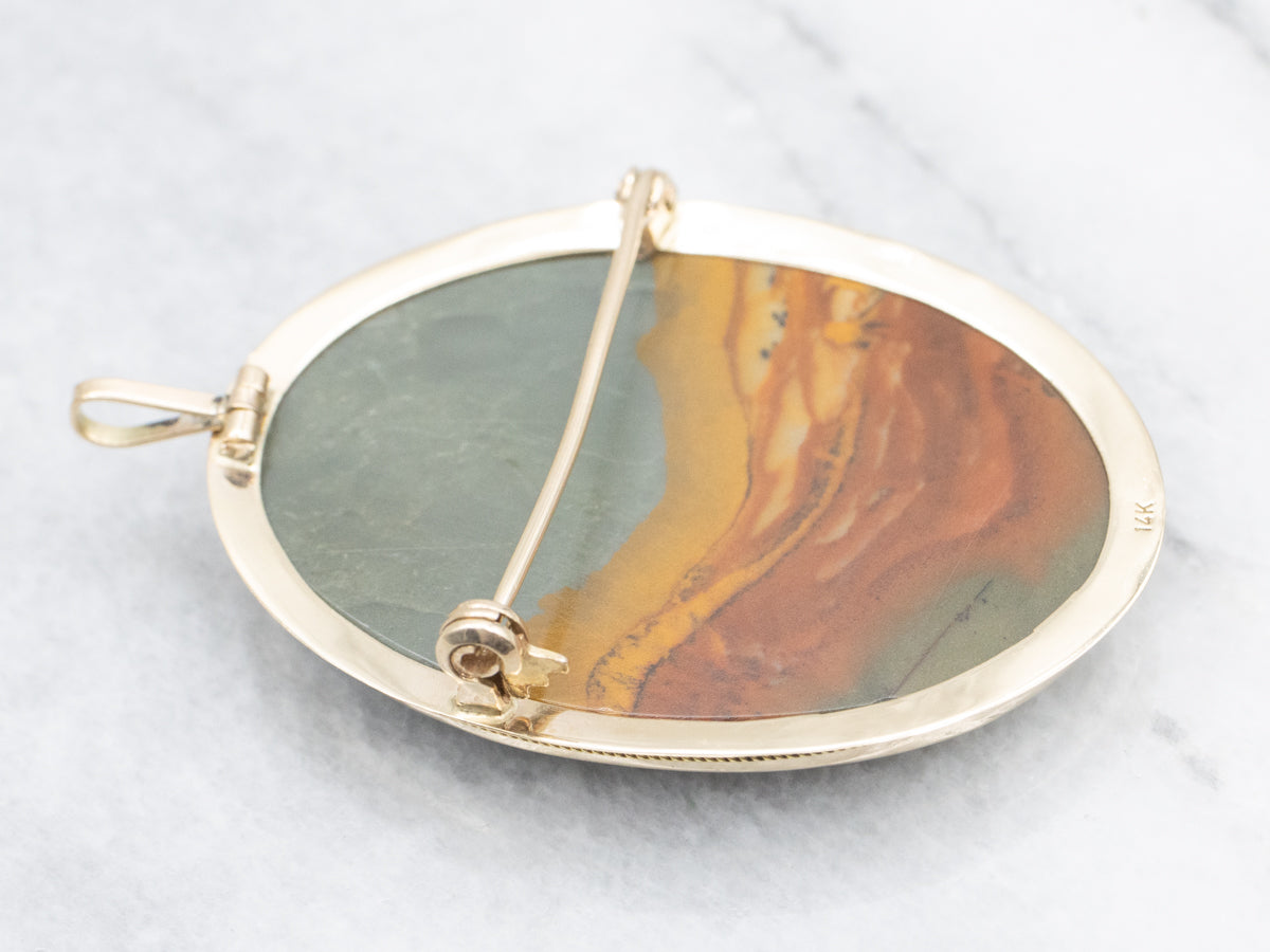 Vintage Gold Landscape Jasper Brooch or Pendant