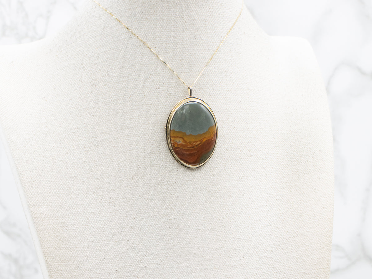 Vintage Gold Landscape Jasper Brooch or Pendant