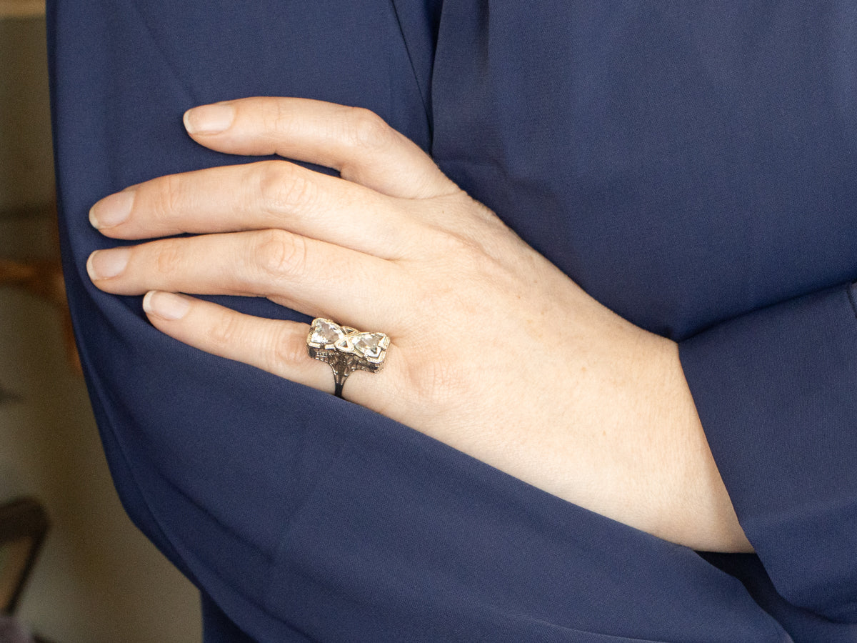 Sweet Double Aquamarine Art Deco Cocktail Ring