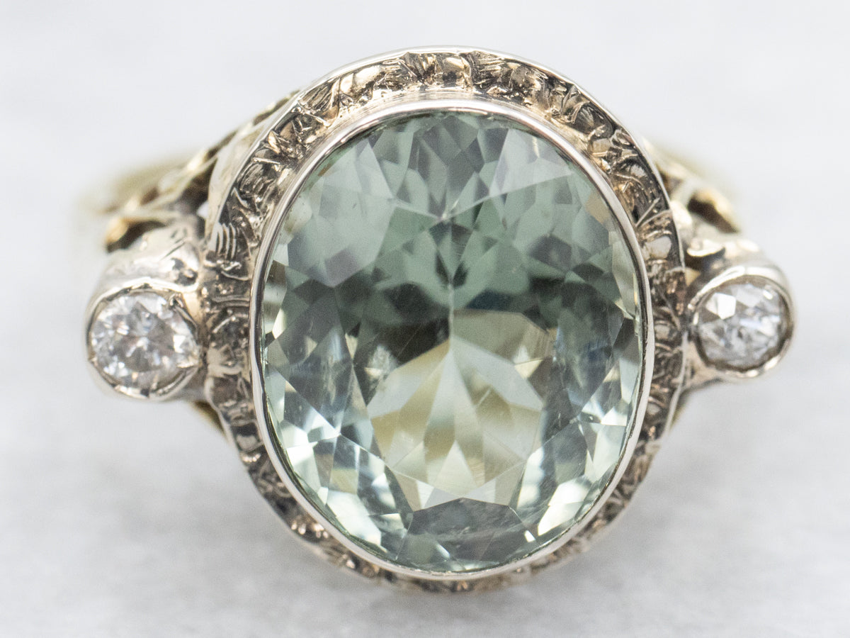 Antique Art Nouveau Green Tourmaline and Diamond Ring