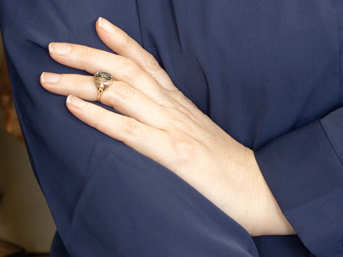 Antique Art Nouveau Green Tourmaline and Diamond Ring