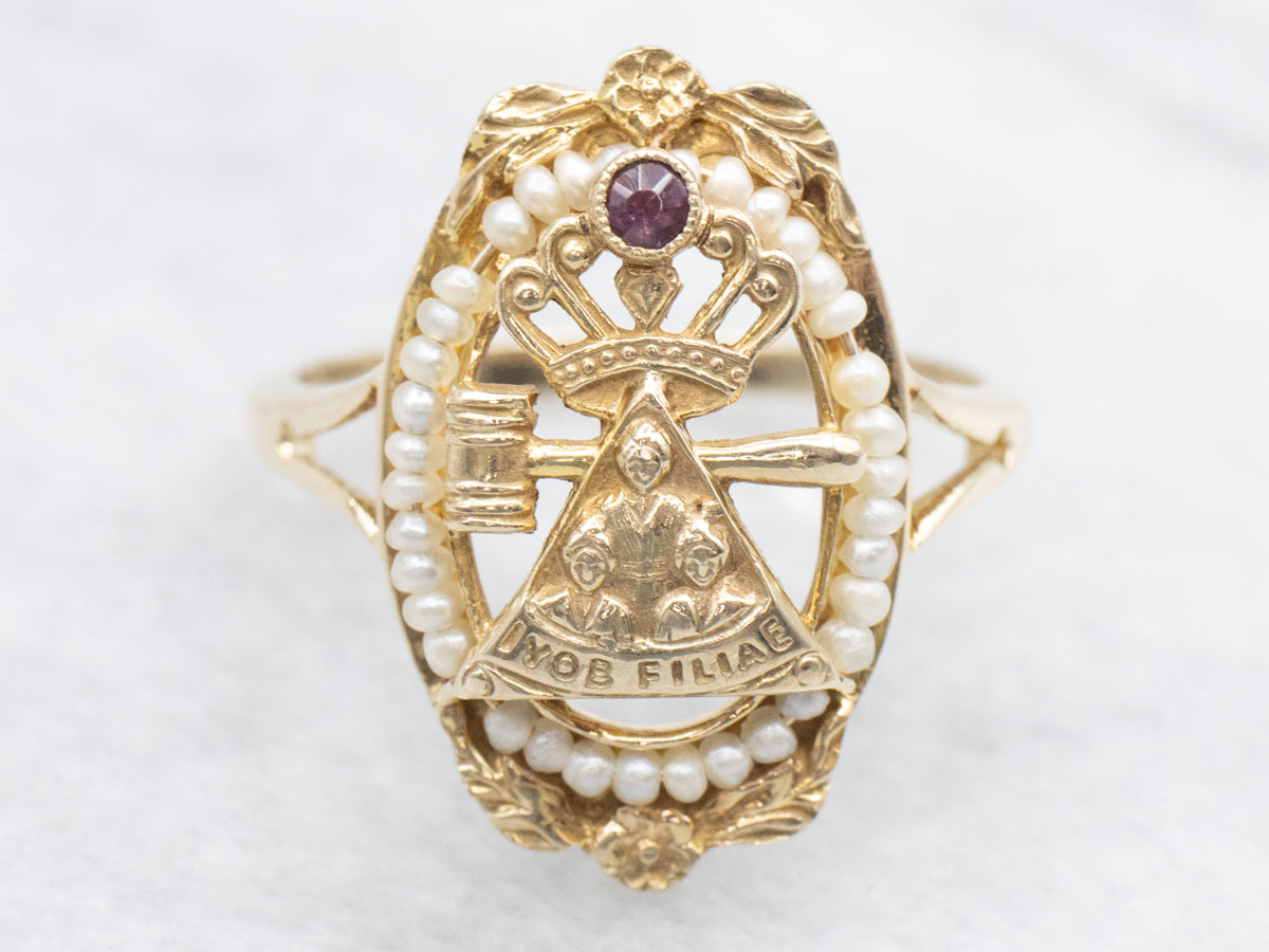 Antique Glass and Seed Pearl "Iyob Filiae" Job's Daughters Masonic Ring