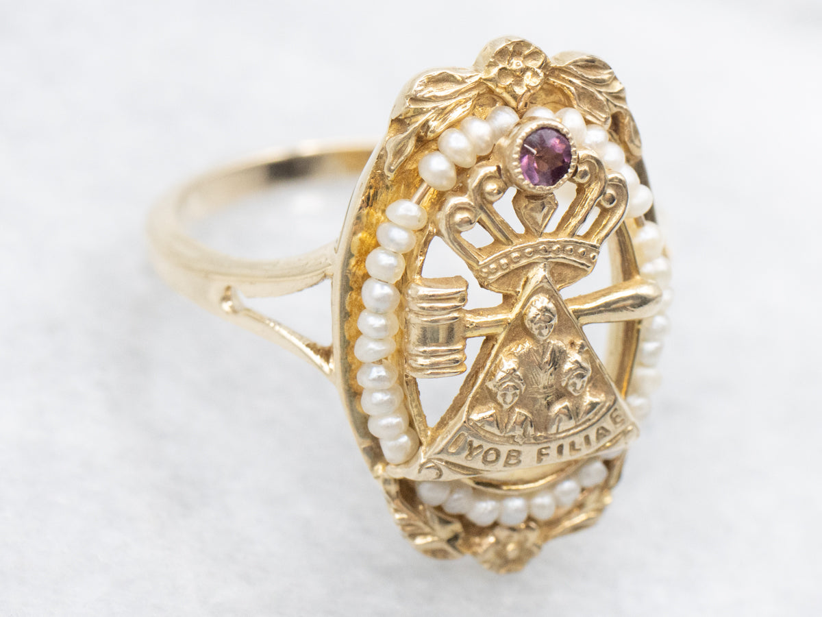 Antique Glass and Seed Pearl "Iyob Filiae" Job's Daughters Masonic Ring