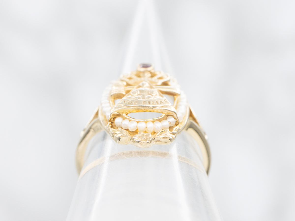 Antique Glass and Seed Pearl "Iyob Filiae" Job's Daughters Masonic Ring