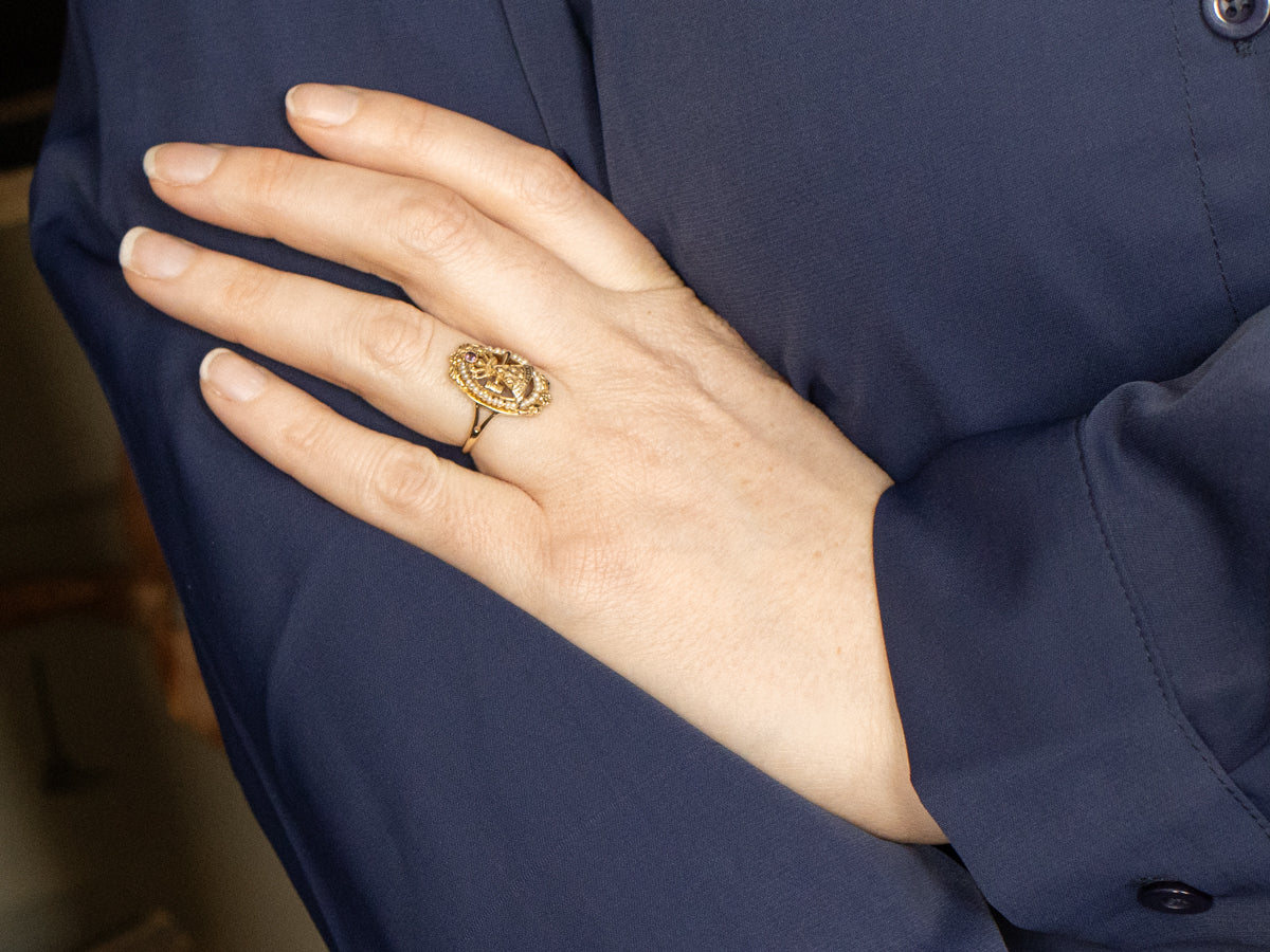 Antique Glass and Seed Pearl "Iyob Filiae" Job's Daughters Masonic Ring