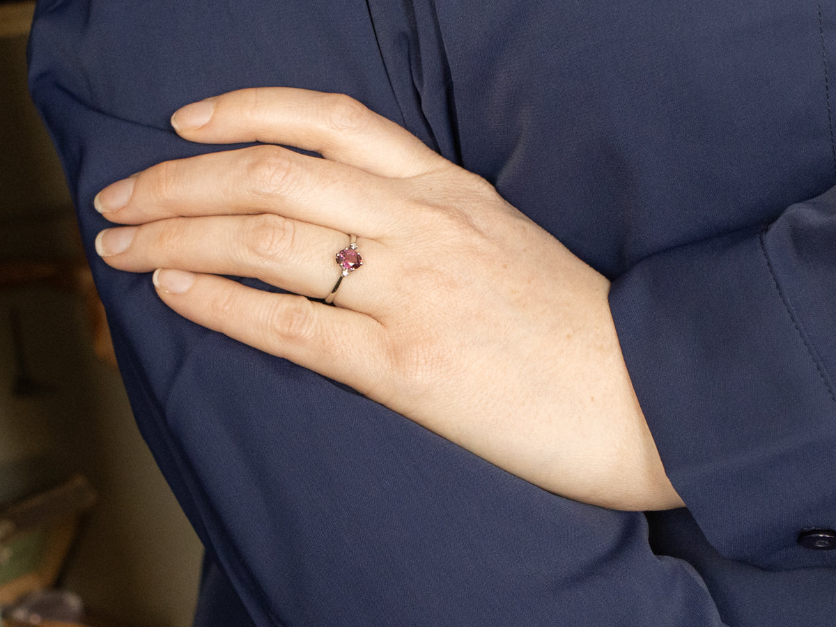 Rhodolite Garnet and Diamond Three Stone Ring