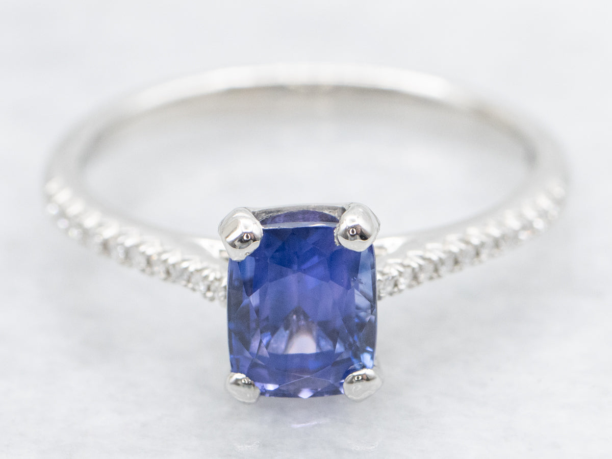 Platinum Cushion-Cut Purple Sapphire and Diamond Engagement Ring