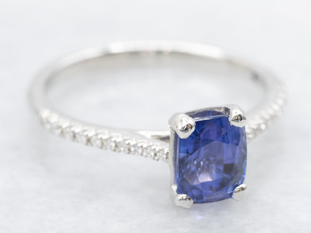 Platinum Cushion-Cut Purple Sapphire and Diamond Engagement Ring