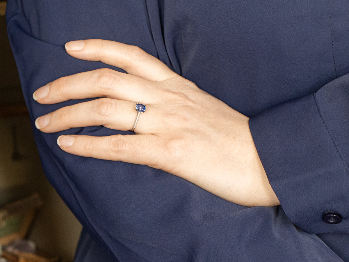 Platinum Cushion-Cut Purple Sapphire and Diamond Engagement Ring