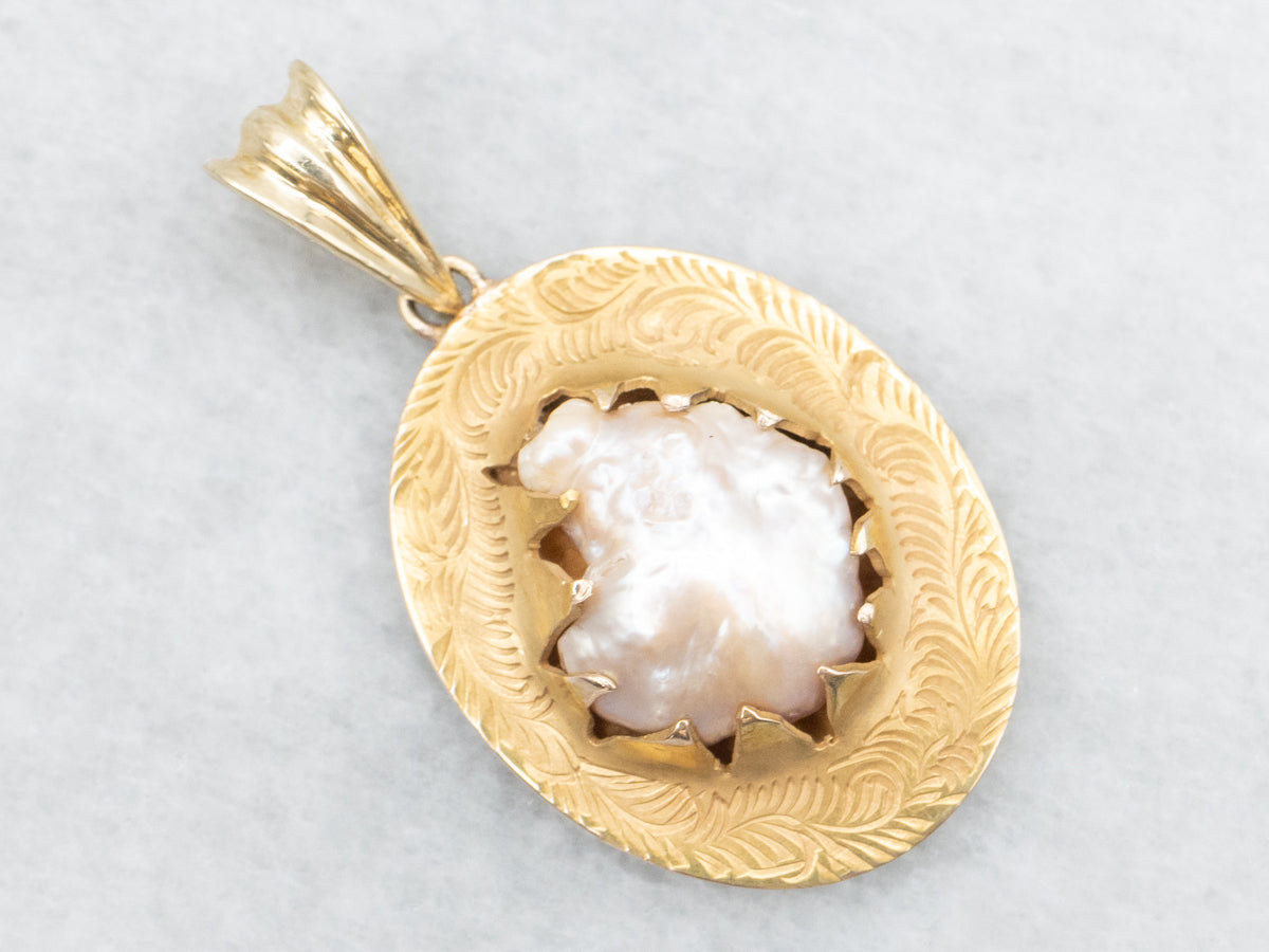 Vintage Mabe Pearl Pendant with Engraved Frame