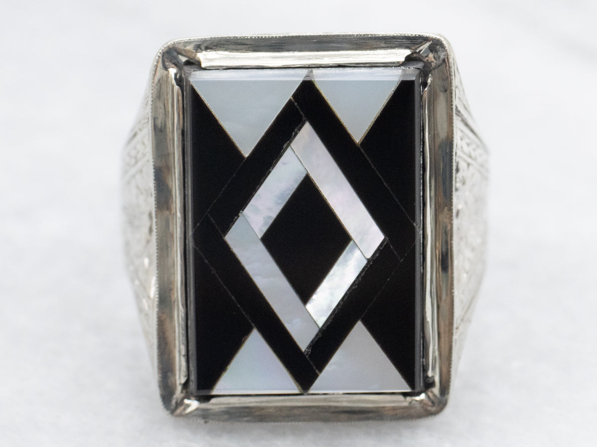 Men's Antique Black Onyx and Mother of Pearl Inlay Ring