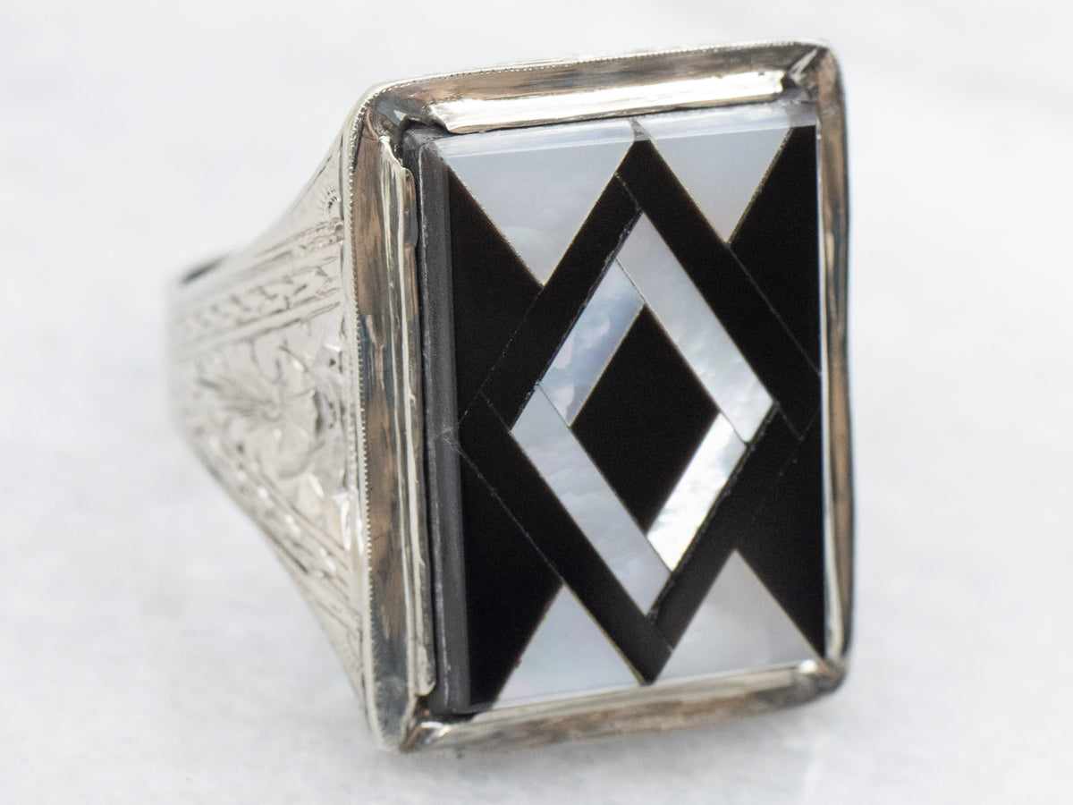 Men's Antique Black Onyx and Mother of Pearl Inlay Ring