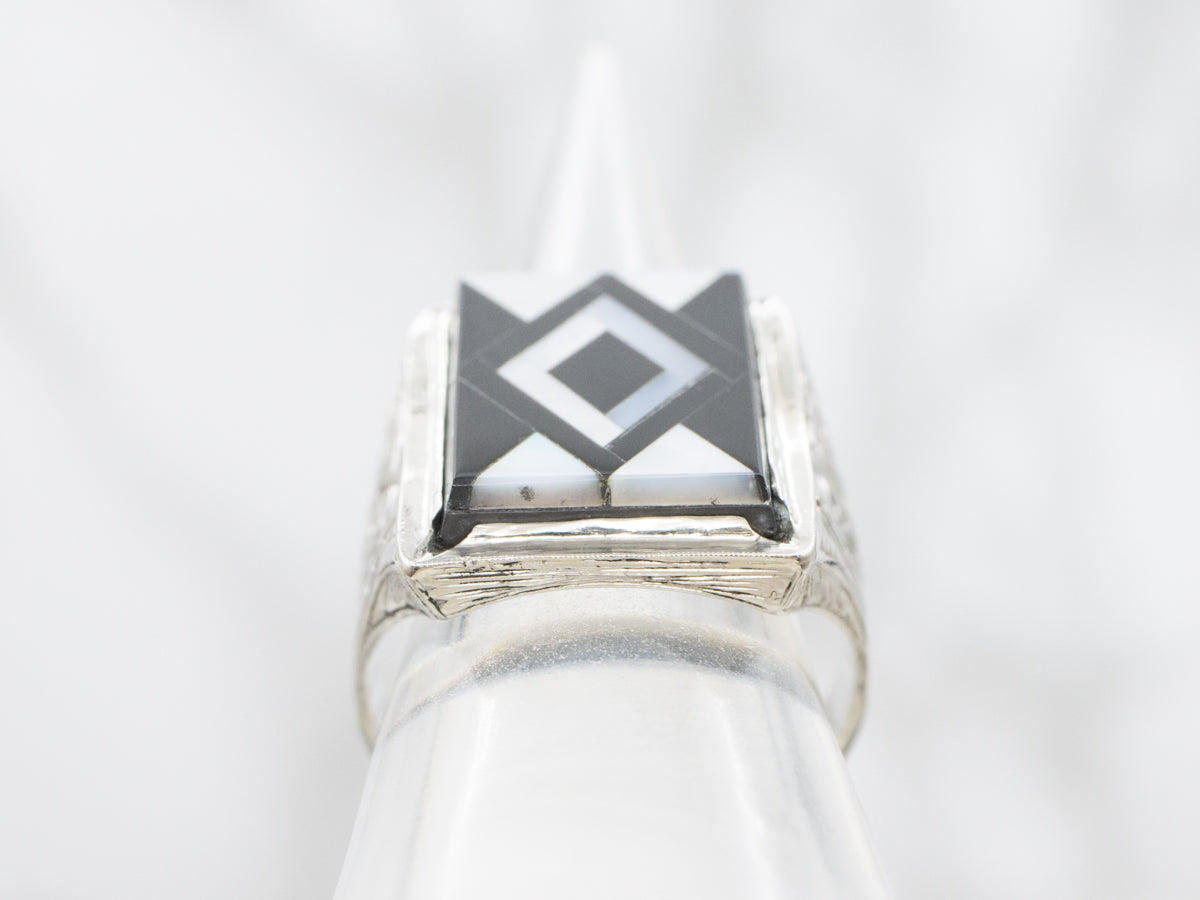 Men's Antique Black Onyx and Mother of Pearl Inlay Ring