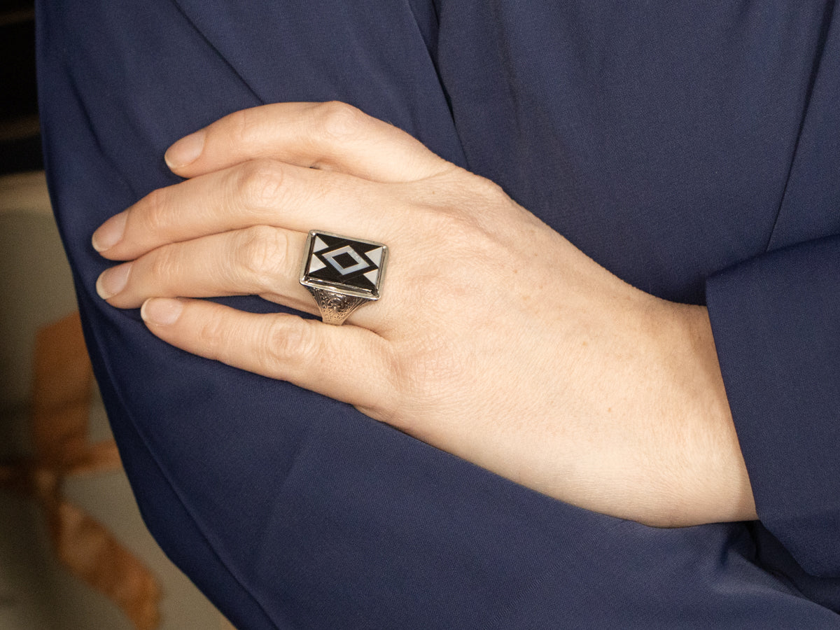 Men's Antique Black Onyx and Mother of Pearl Inlay Ring