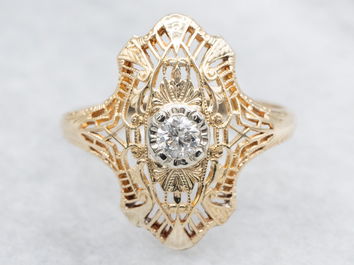 Late Art Deco Two Tone Gold Gold Diamond Dinner Ring