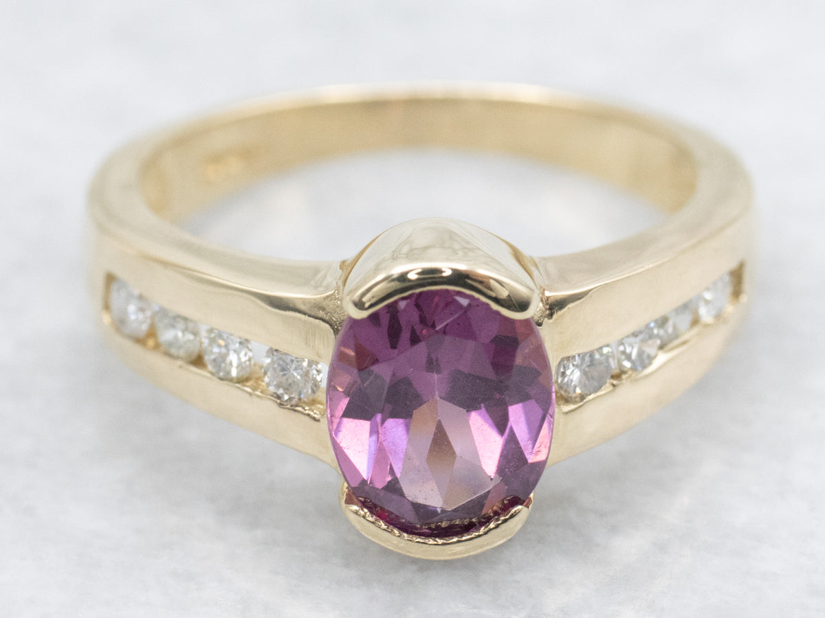 Gold Semi-Bezel-Set Rhodolite Garnet and Diamond Ring