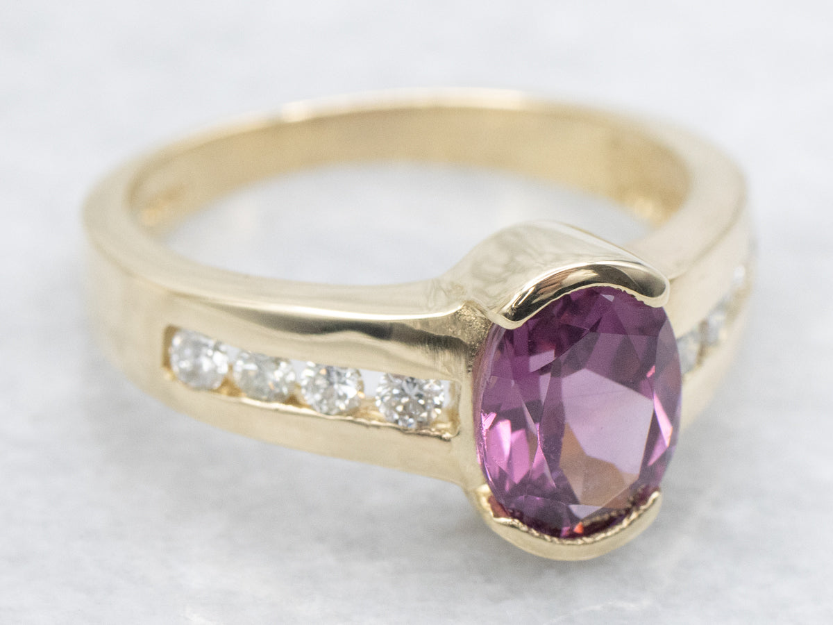 Gold Semi-Bezel-Set Rhodolite Garnet and Diamond Ring