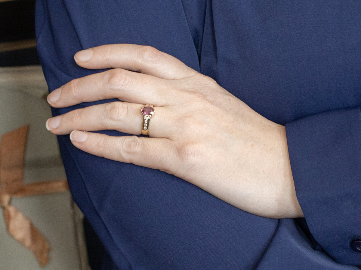 Gold Semi-Bezel-Set Rhodolite Garnet and Diamond Ring