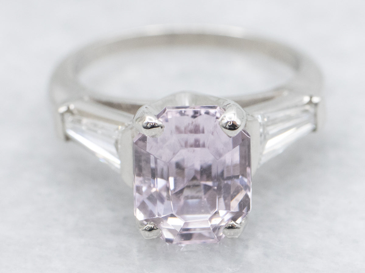 Retro-Era Platinum Pink Kunzite and Baguette Cut Diamond Ring
