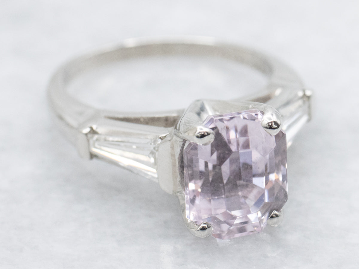 Retro-Era Platinum Pink Kunzite and Baguette Cut Diamond Ring