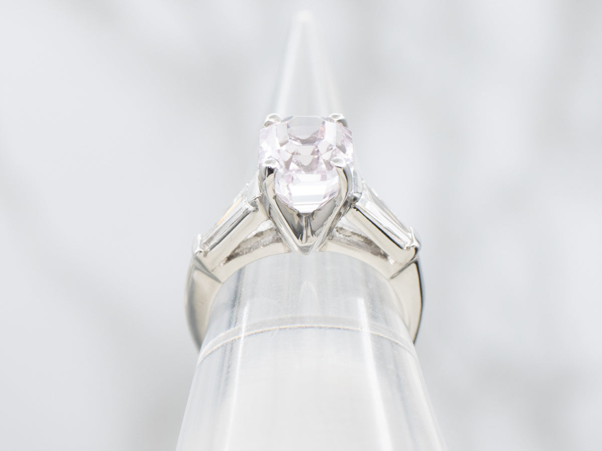 Retro-Era Platinum Pink Kunzite and Baguette Cut Diamond Ring
